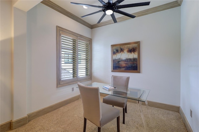 home office with crown molding and ceiling fan