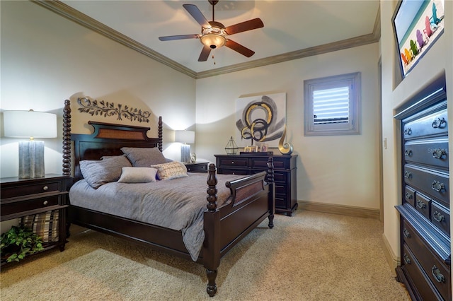 bedroom featuring ornamental molding, light colored carpet, and ceiling fan