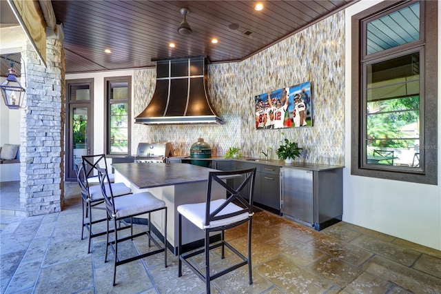 interior space with sink, custom exhaust hood, and wooden ceiling