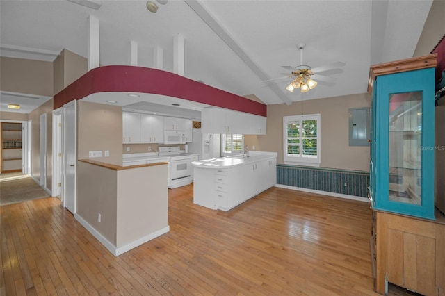 kitchen featuring sink, white appliances, white cabinetry, lofted ceiling with beams, and kitchen peninsula