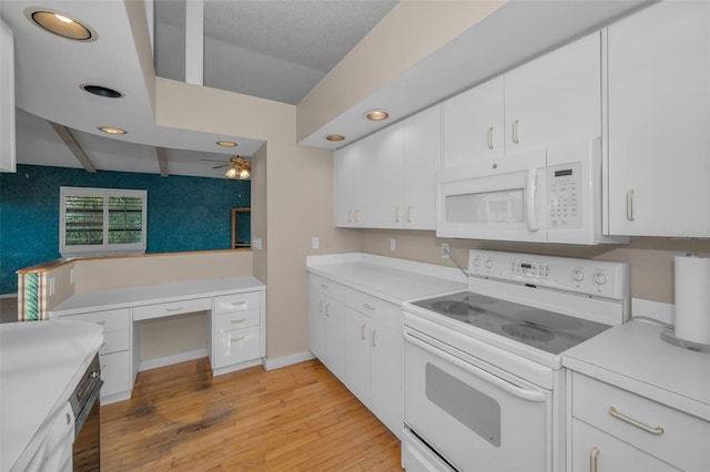 kitchen with white cabinetry, white appliances, and light wood-type flooring