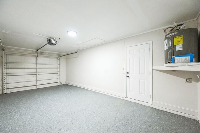 garage featuring water heater and a garage door opener