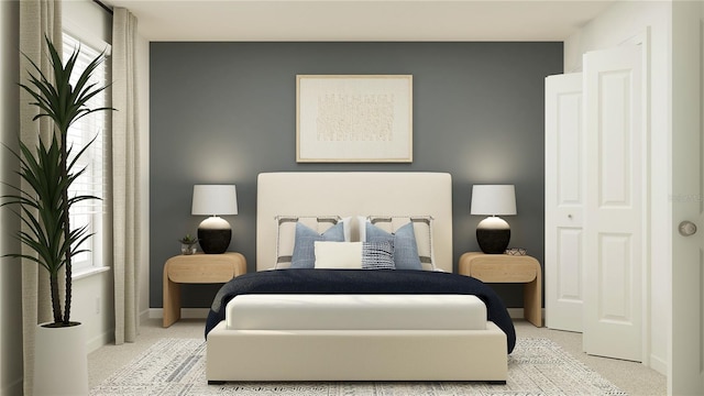 bedroom with light colored carpet