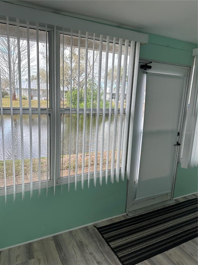 entryway with a water view, hardwood / wood-style floors, and a wealth of natural light