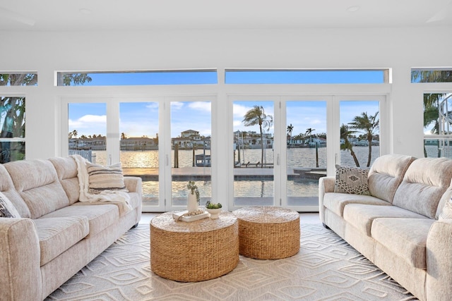 sunroom with a water view