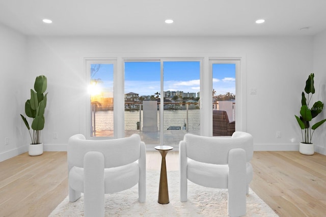 dining room featuring a water view and light wood-type flooring