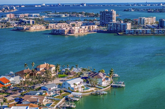 bird's eye view with a water view