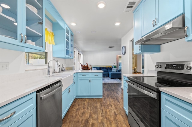 kitchen with appliances with stainless steel finishes, sink, dark hardwood / wood-style flooring, light stone counters, and blue cabinetry