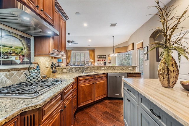 kitchen with visible vents, appliances with stainless steel finishes, dark wood-style flooring, under cabinet range hood, and a sink