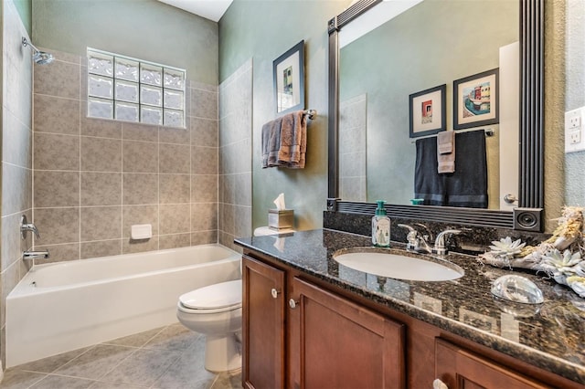 bathroom with shower / bathtub combination, vanity, toilet, and tile patterned floors