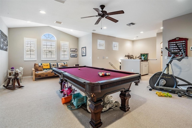 playroom with carpet, visible vents, and vaulted ceiling