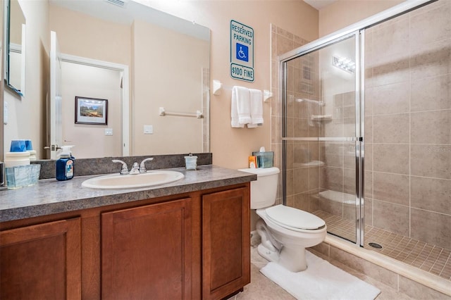 full bath featuring visible vents, toilet, a shower stall, vanity, and tile patterned flooring