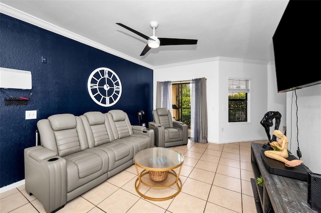 tiled living room with crown molding and ceiling fan