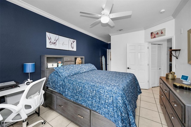 tiled bedroom featuring crown molding and ceiling fan