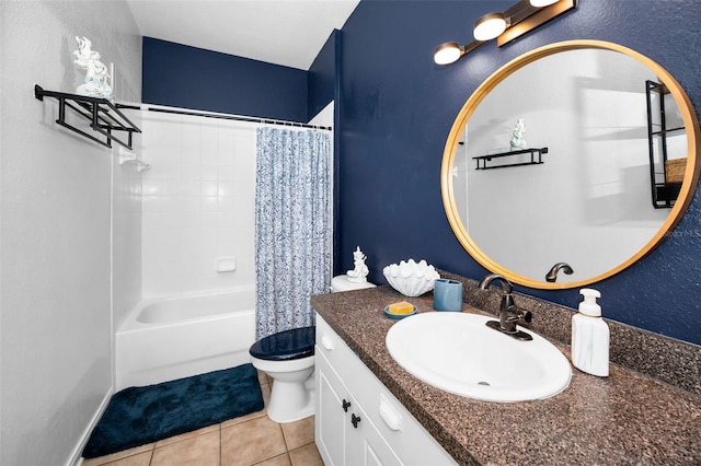 full bathroom with shower / tub combo with curtain, vanity, toilet, and tile patterned flooring