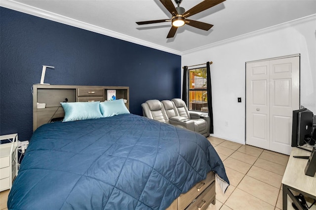 bedroom with crown molding, light tile patterned floors, and ceiling fan