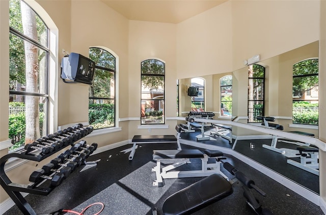 workout area with a high ceiling