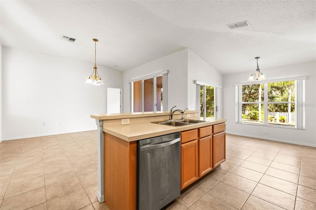 kitchen with sink, a chandelier, stainless steel dishwasher, pendant lighting, and a kitchen island with sink