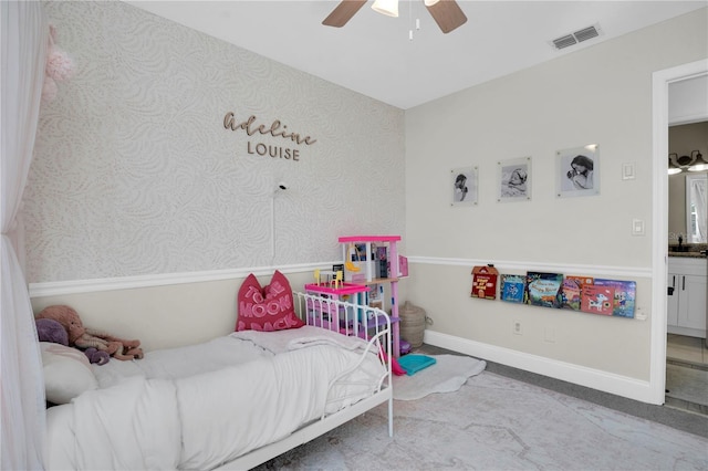 bedroom with visible vents, baseboards, and a ceiling fan