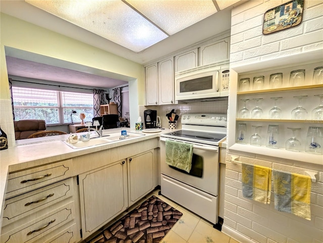 kitchen with sink, white appliances, and decorative backsplash