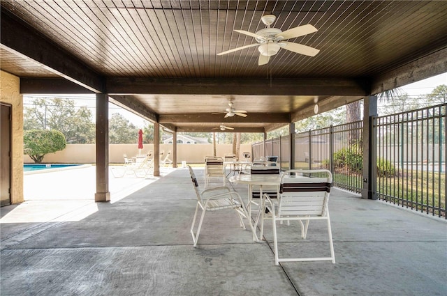 view of patio featuring a fenced in pool and ceiling fan