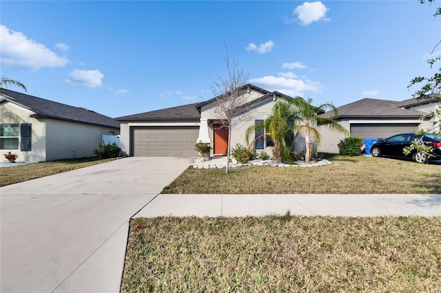 ranch-style house with a front lawn and a garage