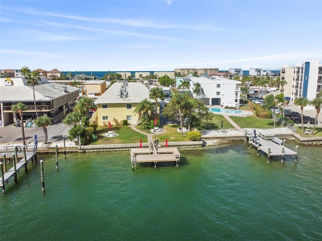 bird's eye view with a water view