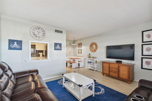 living room with wood-type flooring and a textured ceiling