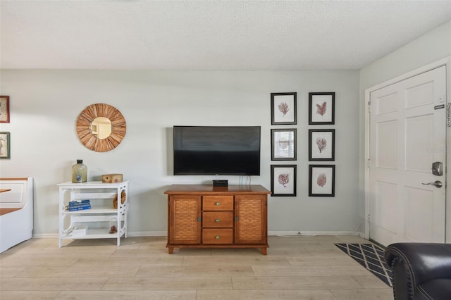 living room featuring washer / clothes dryer, light hardwood / wood-style flooring, and a textured ceiling