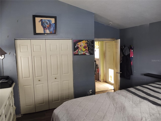 bedroom featuring vaulted ceiling, wood-type flooring, and a closet