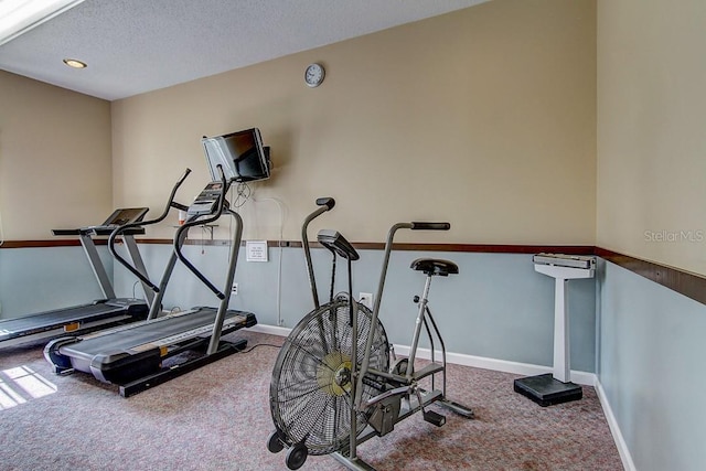 exercise room with a textured ceiling and carpet