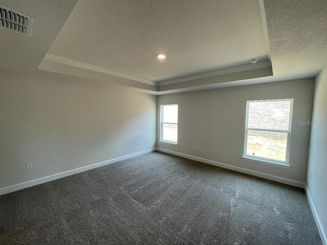 carpeted spare room featuring crown molding, a tray ceiling, and a textured ceiling