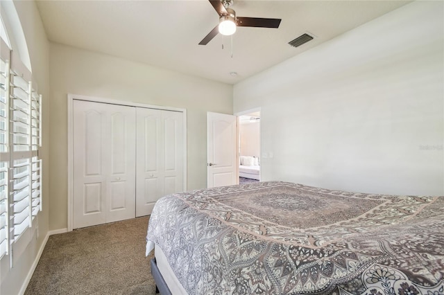 bedroom with carpet floors, ceiling fan, and a closet