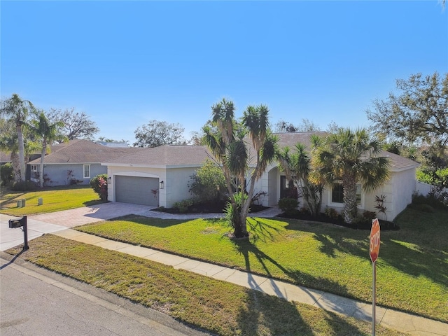 single story home featuring a garage and a front lawn