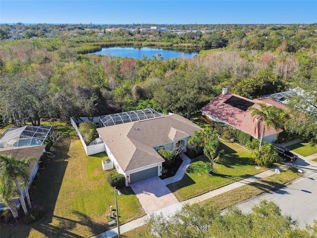 drone / aerial view featuring a water view