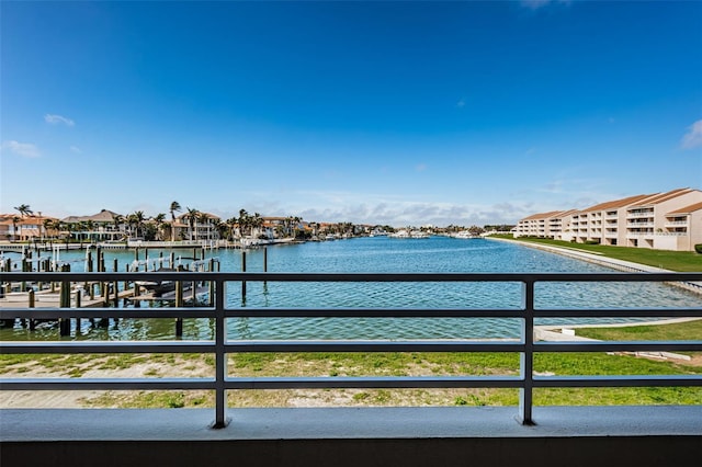 property view of water with a dock