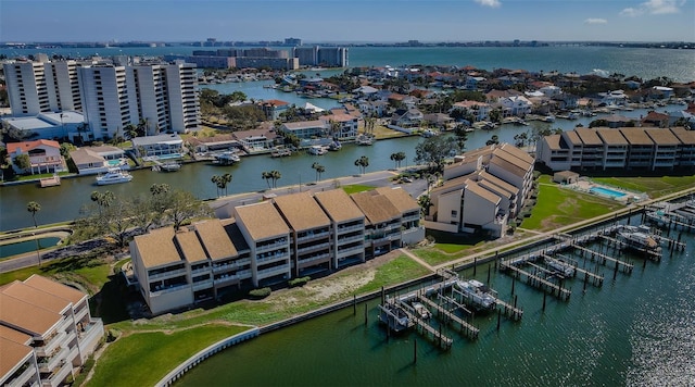 bird's eye view with a water view