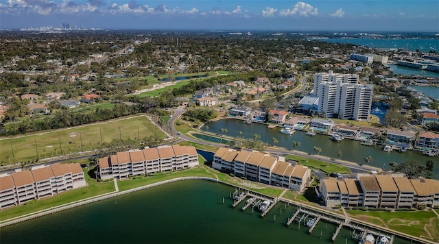 birds eye view of property featuring a water view