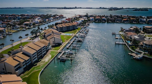 aerial view featuring a water view and a residential view