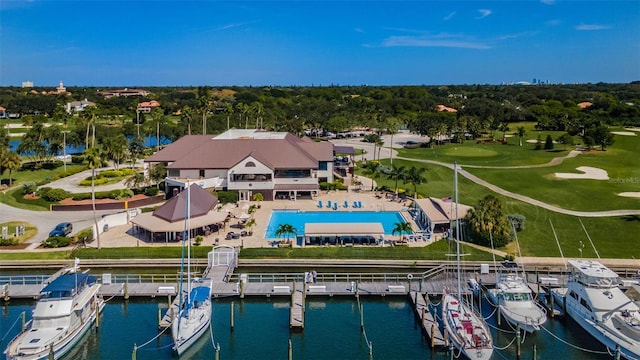 drone / aerial view with a water view