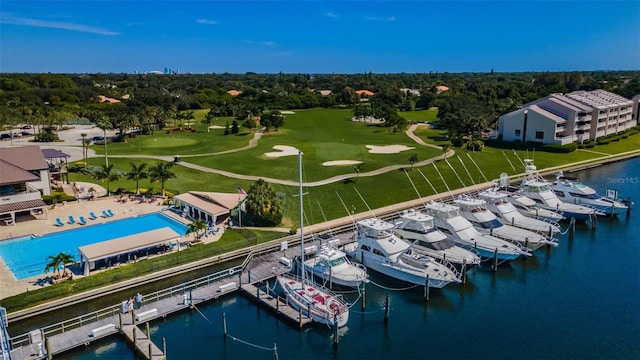 bird's eye view with a water view and golf course view