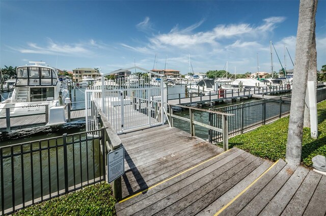 view of dock featuring a water view and fence