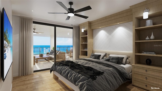 bedroom with a water view, ceiling fan, light hardwood / wood-style flooring, and access to outside