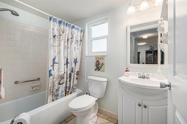 full bathroom with shower / bathtub combination with curtain, vanity, tile patterned flooring, and toilet