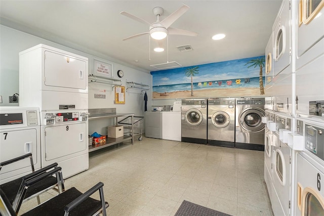 clothes washing area featuring stacked washing maching and dryer, separate washer and dryer, and ceiling fan