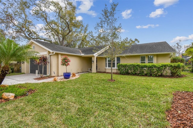 ranch-style home with a garage, a front yard, concrete driveway, and stucco siding