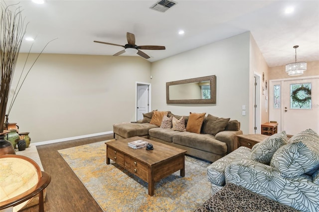 living room featuring ceiling fan, recessed lighting, wood finished floors, visible vents, and baseboards