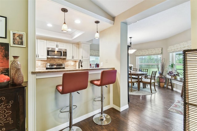 kitchen featuring stainless steel appliances, white cabinetry, hanging light fixtures, decorative backsplash, and a tray ceiling