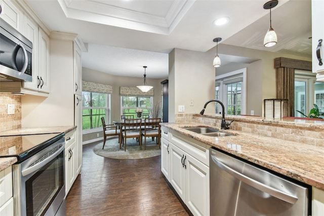 kitchen featuring a raised ceiling, light stone countertops, stainless steel appliances, white cabinetry, and a sink