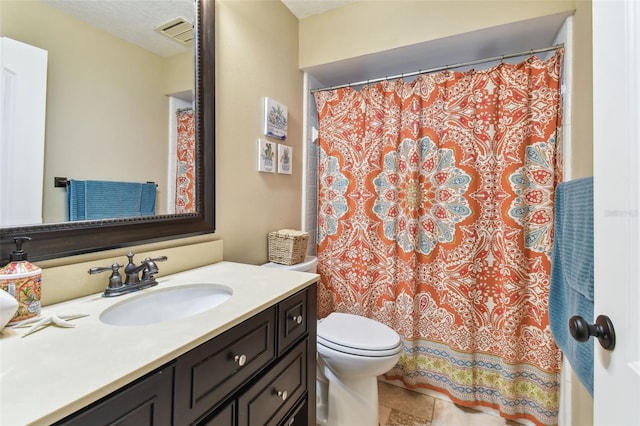 full bathroom with toilet, a textured ceiling, vanity, and visible vents